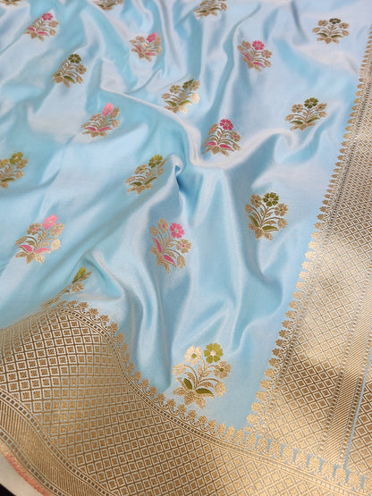 Powder Blue Mashru Silk Banarasi Saree With Meena bootas