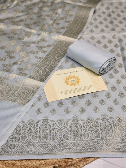 Light Grey zari resham silk banarasi suit