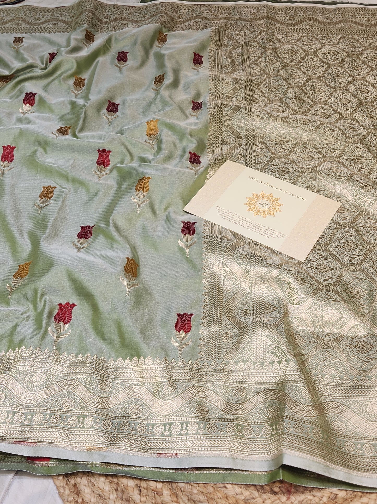 Olive Green Banarasi Mashru Silk Banarasi Saree With Meena bootas