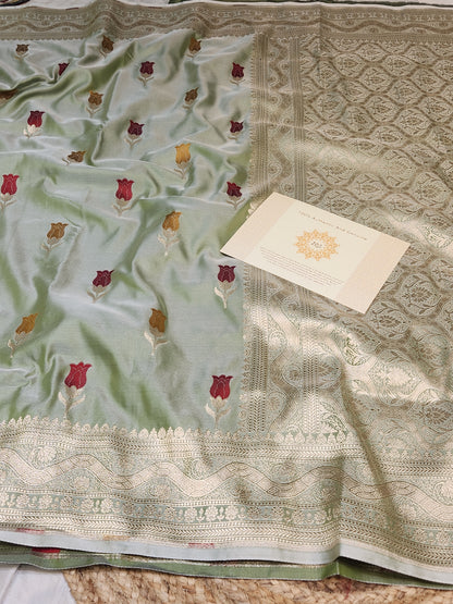Olive Green Banarasi Mashru Silk Banarasi Saree With Meena bootas