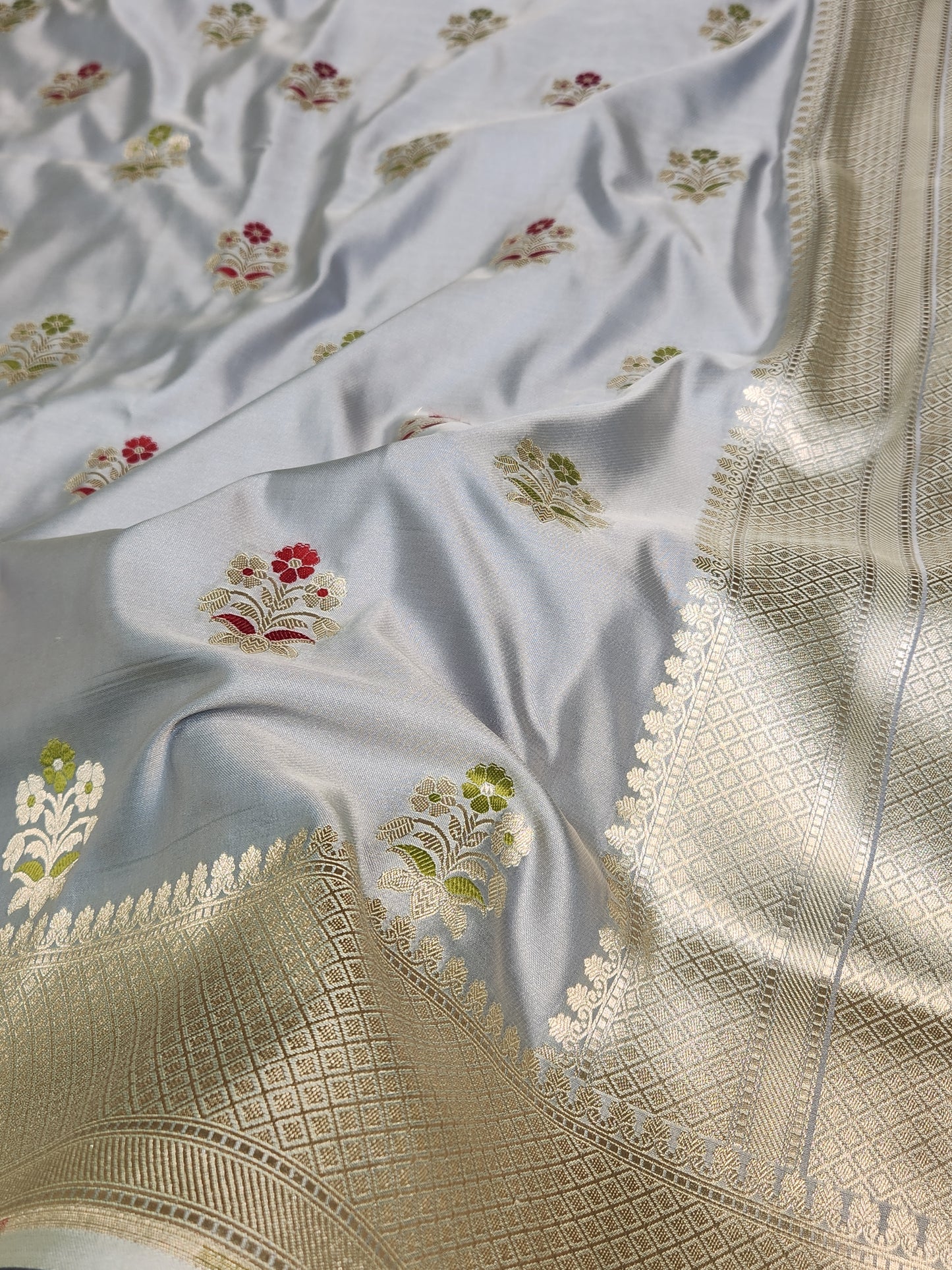 Grey banarasi Mashru Silk Banarasi Saree With Meena bootas