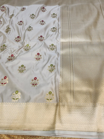 Ash Grey Banarasi Mashru Silk Banarasi Saree With Meena bootas