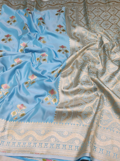 Powder Blue Mashru Silk Banarasi Saree With Meena bootas