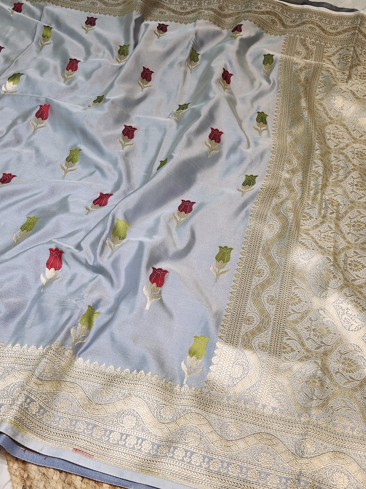 Grey banarasi Mashru Silk Banarasi Saree With Meena bootas