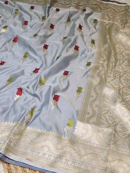 Grey banarasi Mashru Silk Banarasi Saree With Meena bootas