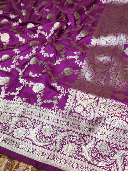 Purple Mashru Silk Banarasi Saree Mughal Jaal Pattern
