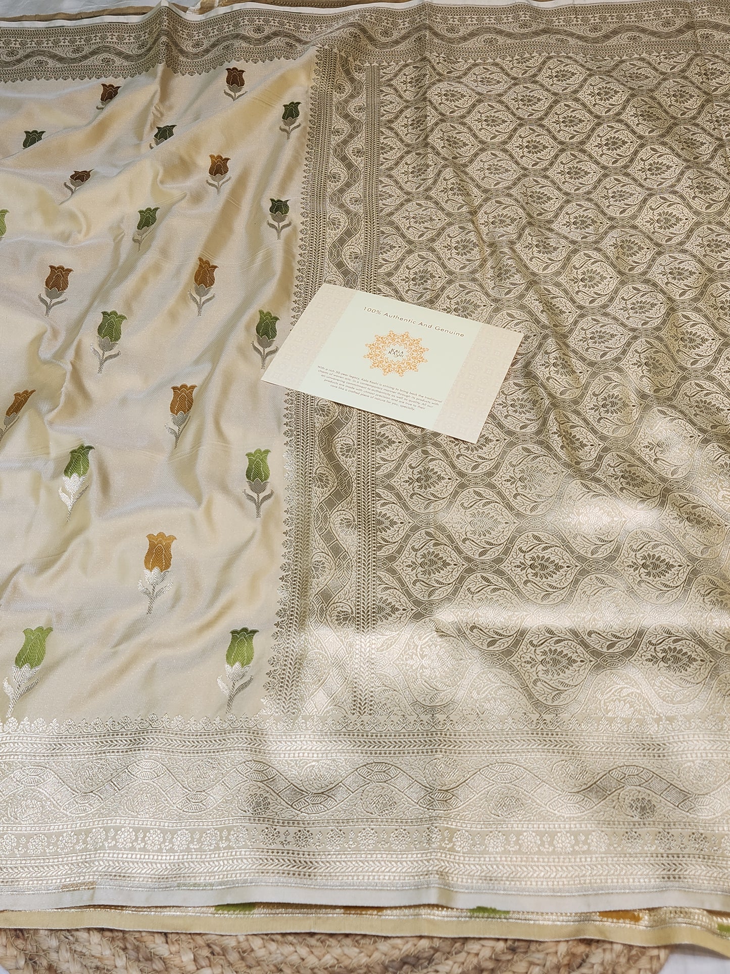 Tan color Mashru Silk Banarasi Saree With Meena bootas