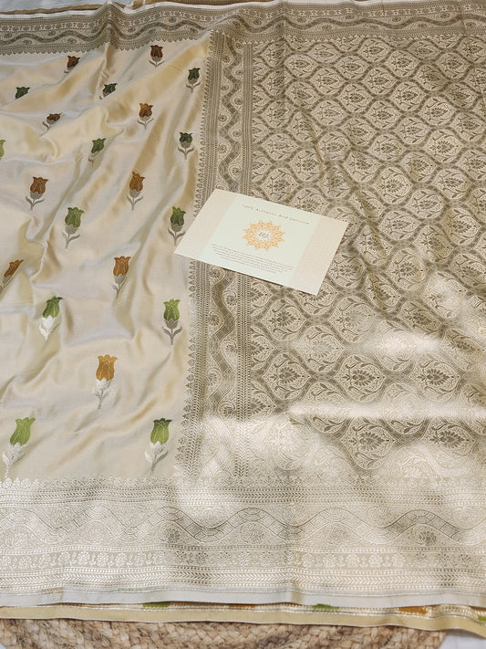 Tan color Mashru Silk Banarasi Saree With Meena bootas