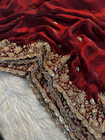 Maroon designer handwork Space Silk Saree