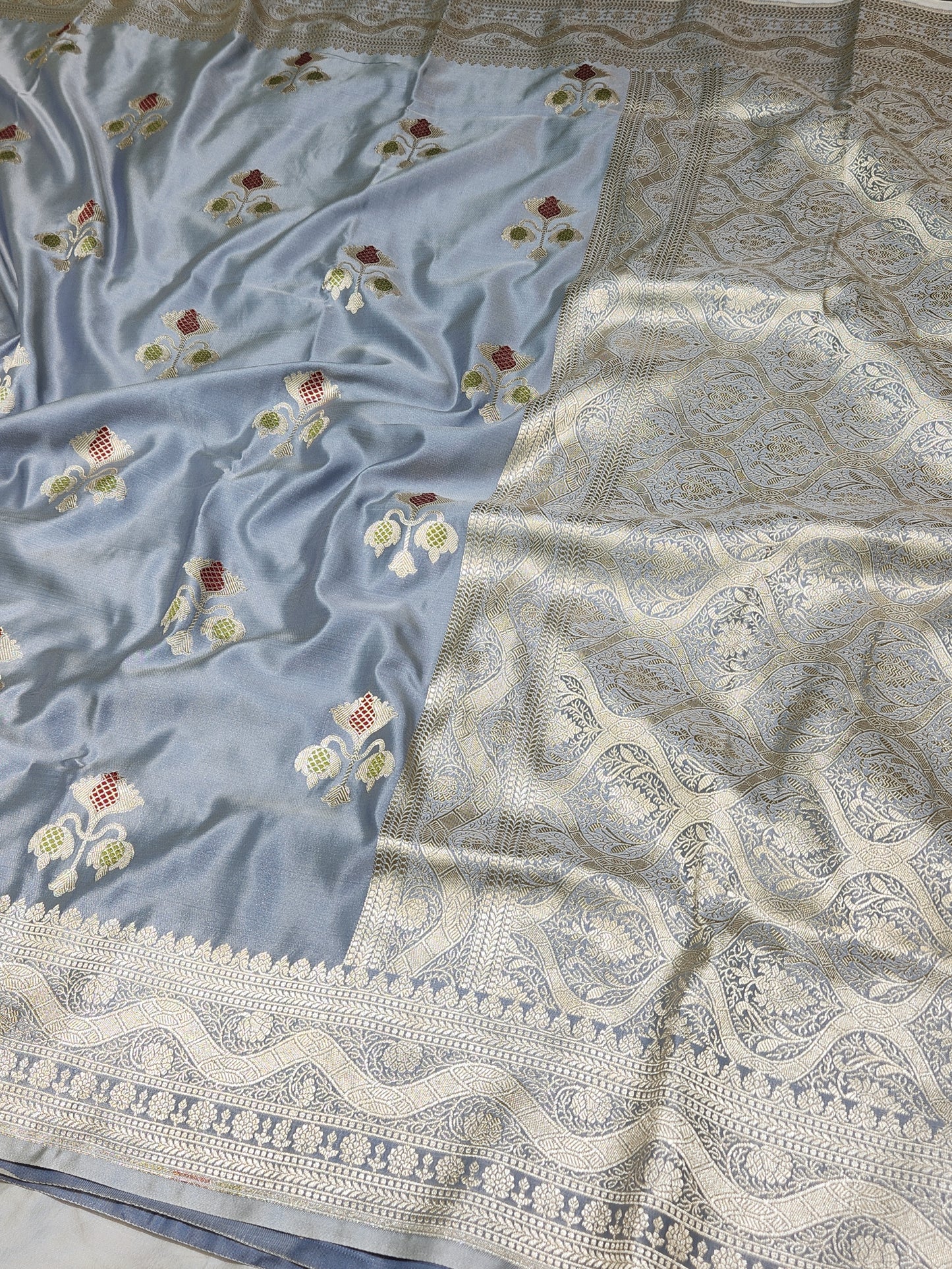 Grey banarasi Mashru Silk Banarasi Saree With Meena bootas