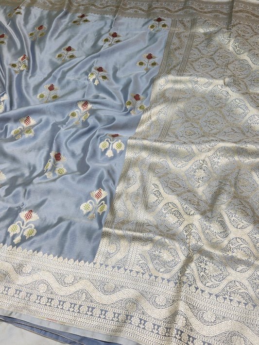 Grey banarasi Mashru Silk Banarasi Saree With Meena bootas