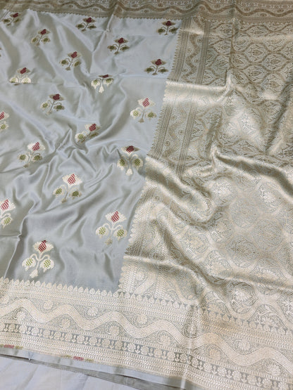 Ash Grey Banarasi Mashru Silk Banarasi Saree With Meena bootas