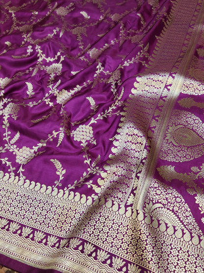 Purple Mashru Silk Banarasi Saree Mughal Jaal Pattern