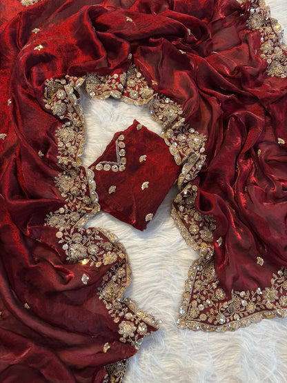 Maroon designer handwork Space Silk Saree