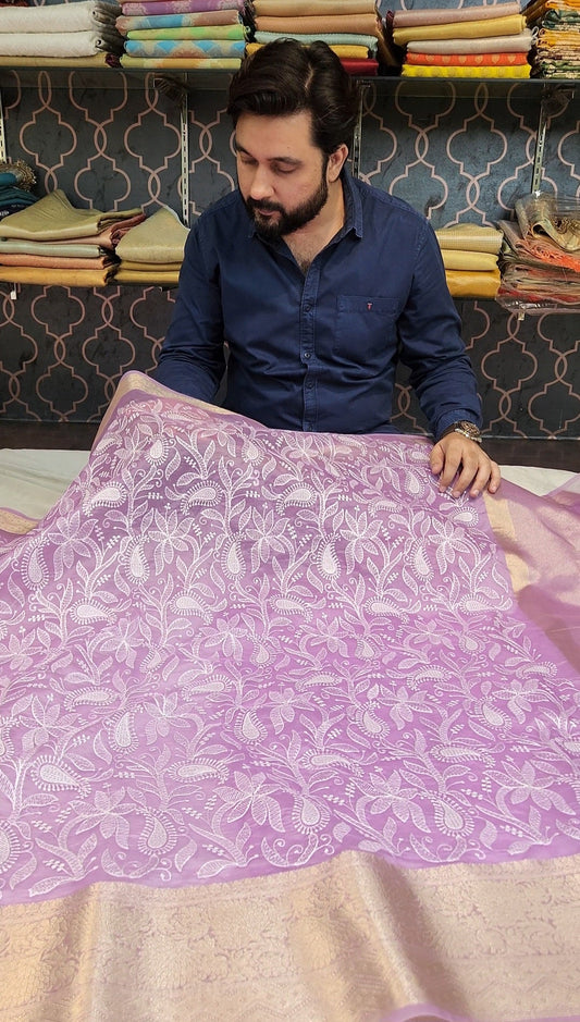 Lavender Premium Chikankari Work Banarasi Saree