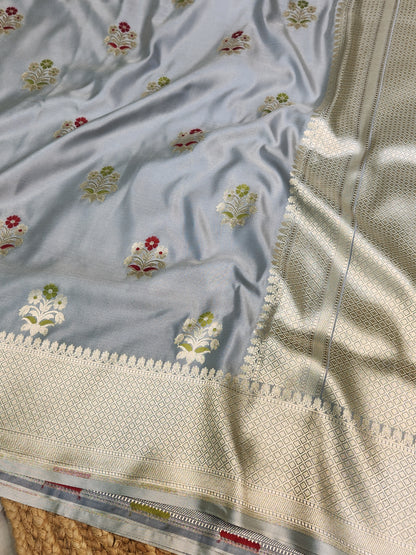 Grey banarasi Mashru Silk Banarasi Saree With Meena bootas