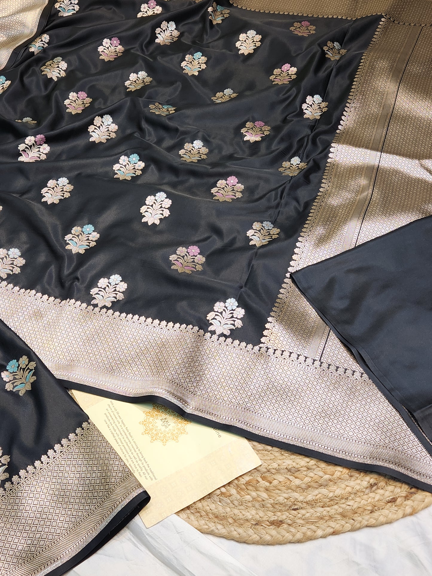 Jet Black Mashru Silk Banarasi Saree With Meena bootas