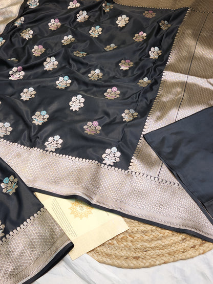 Jet Black Mashru Silk Banarasi Saree With Meena bootas