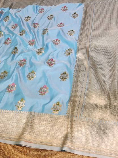 Powder Blue Mashru Silk Banarasi Saree With Meena bootas