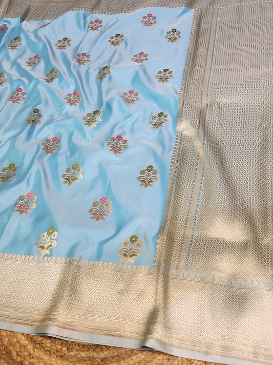 Powder Blue Mashru Silk Banarasi Saree With Meena bootas