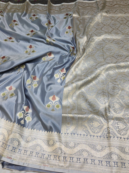 Grey banarasi Mashru Silk Banarasi Saree With Meena bootas