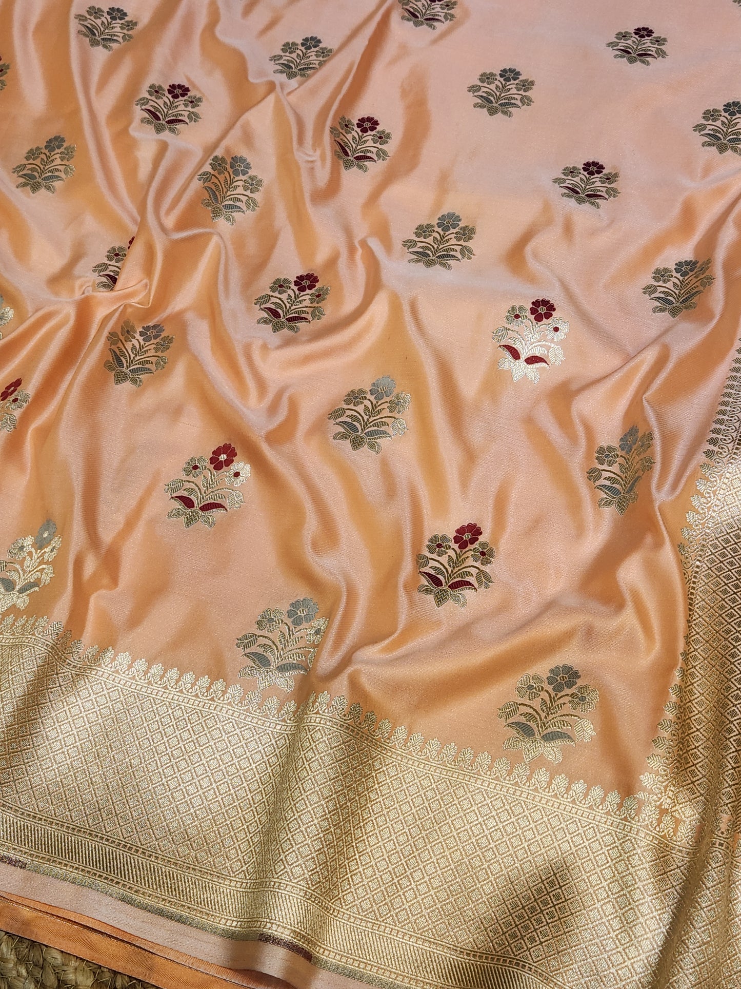 Peach banarasi Mashru Silk Banarasi Saree With Meena bootas