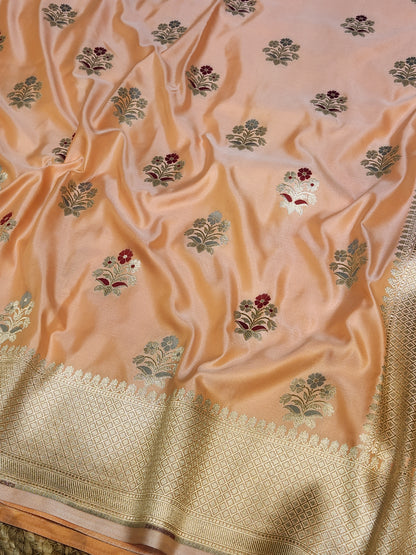 Peach banarasi Mashru Silk Banarasi Saree With Meena bootas