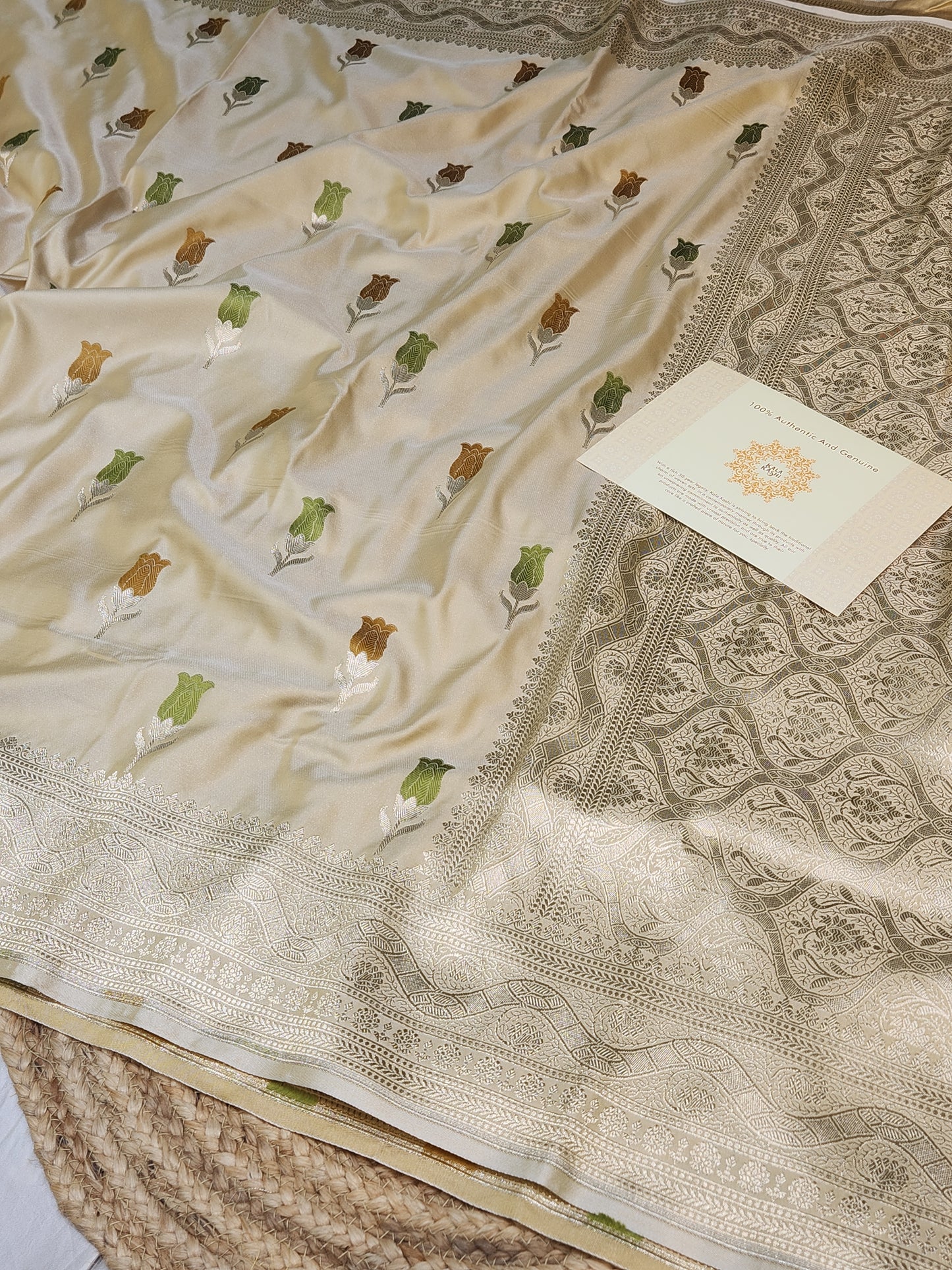 Tan color Mashru Silk Banarasi Saree With Meena bootas