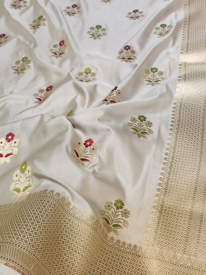 Ash Grey Banarasi Mashru Silk Banarasi Saree With Meena bootas