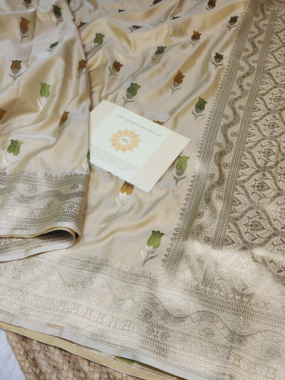 Tan color Mashru Silk Banarasi Saree With Meena bootas