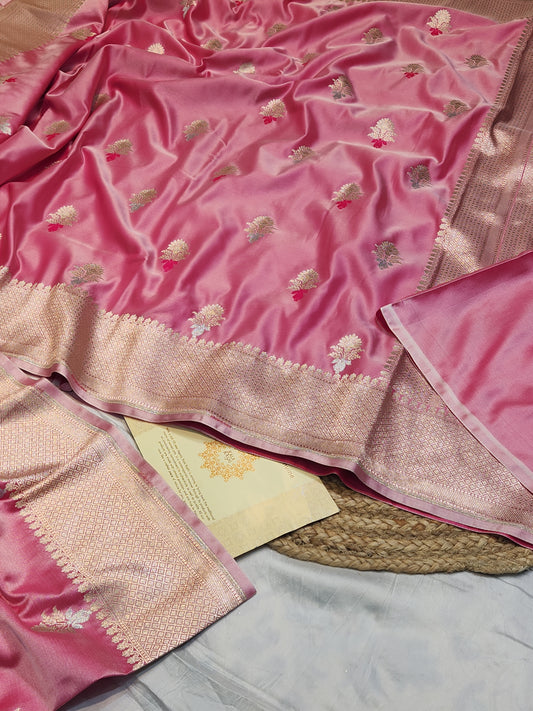 Strawberry Pink Mashru Silk Banarasi Saree With Meena bootas