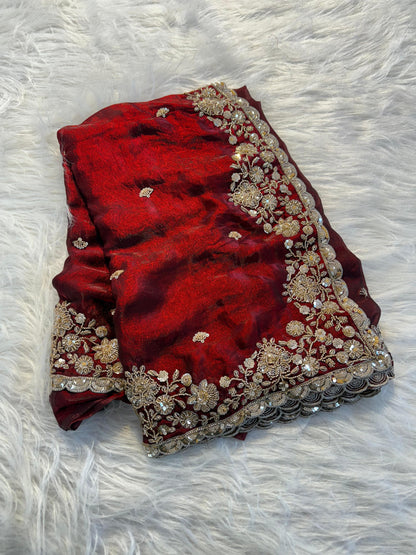 Maroon designer handwork Space Silk Saree