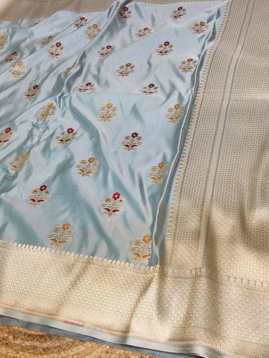 Dark Grey Banarasi Mashru Silk Banarasi Saree With Meena bootas