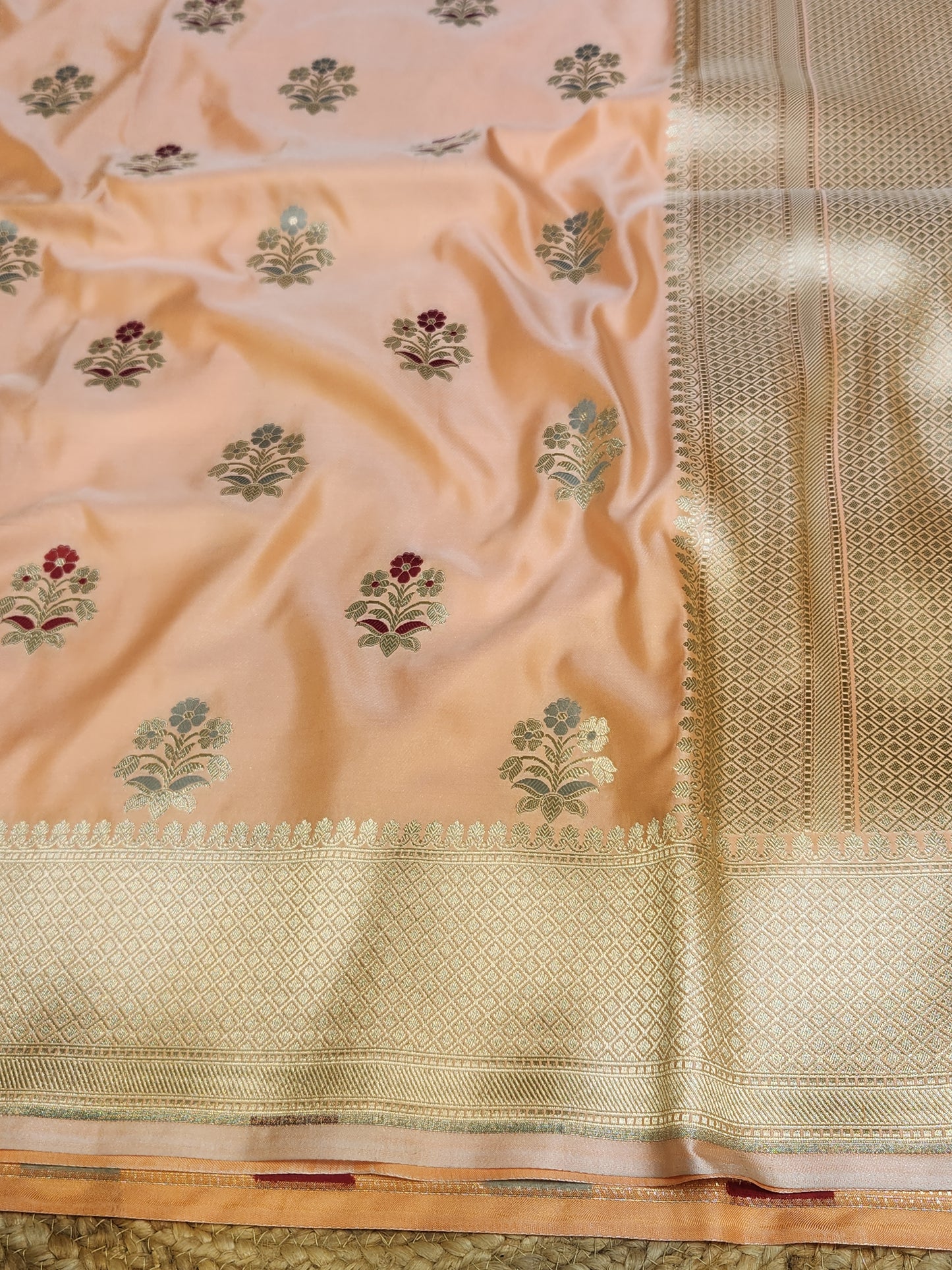 Peach banarasi Mashru Silk Banarasi Saree With Meena bootas
