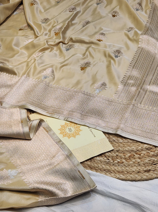 Tan color Mashru Silk Banarasi Saree With Meena bootas