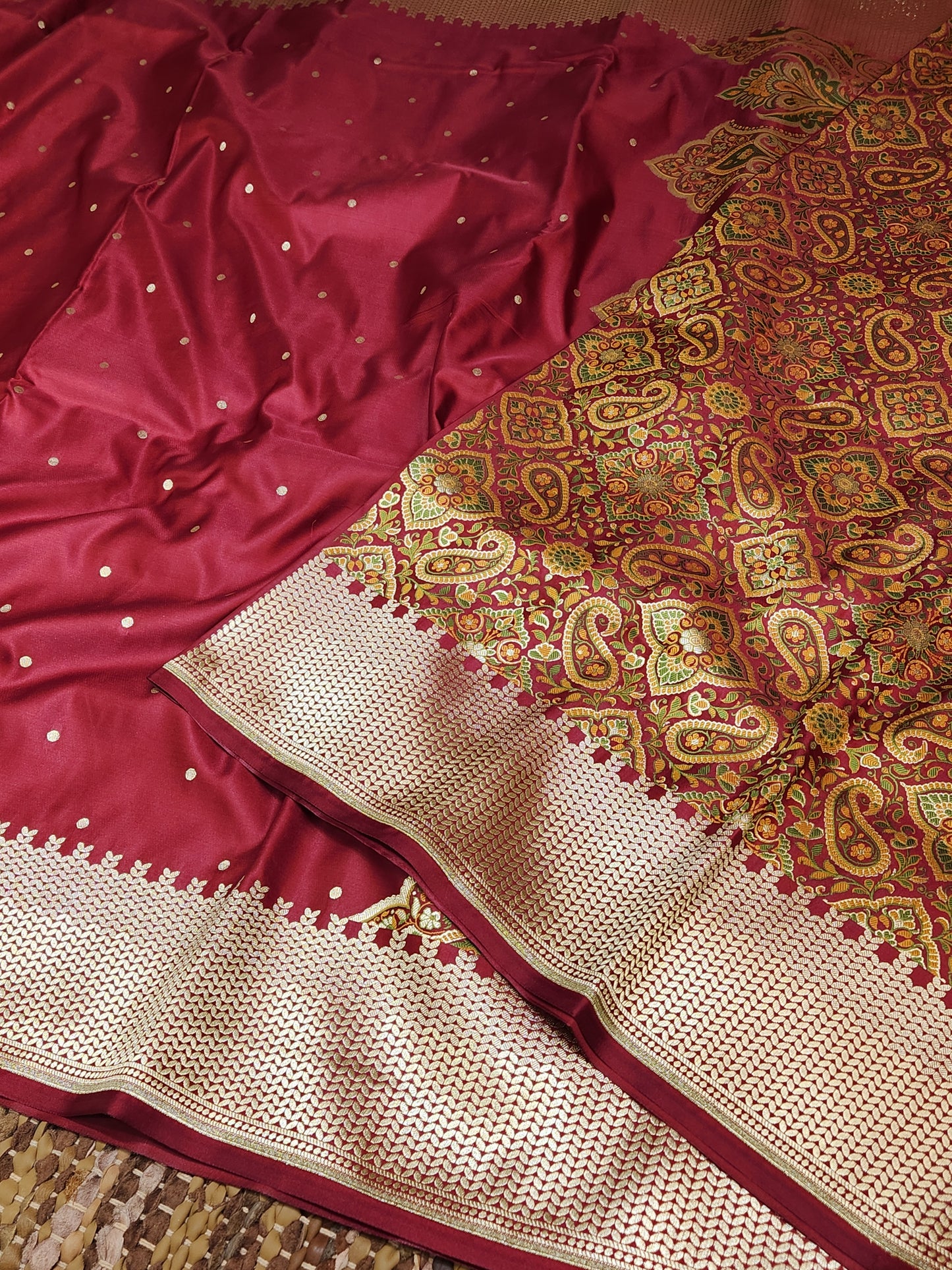 Deep maroon Kimkhab mashru silk saree with all over booti