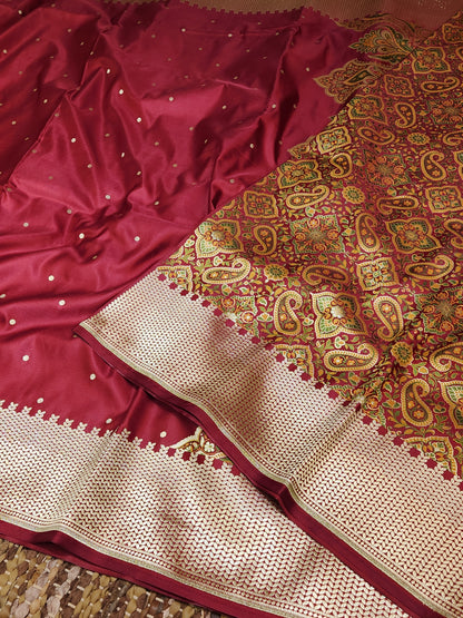 Deep maroon Kimkhab mashru silk saree with all over booti