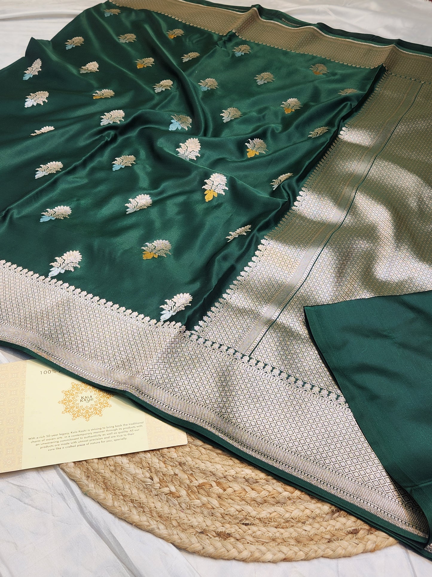 Bottle Green Mashru Silk Banarasi Saree With Meena bootas