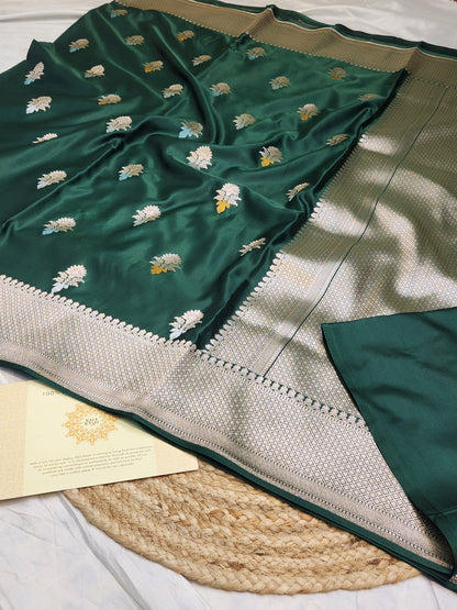 Bottle Green Mashru Silk Banarasi Saree With Meena bootas