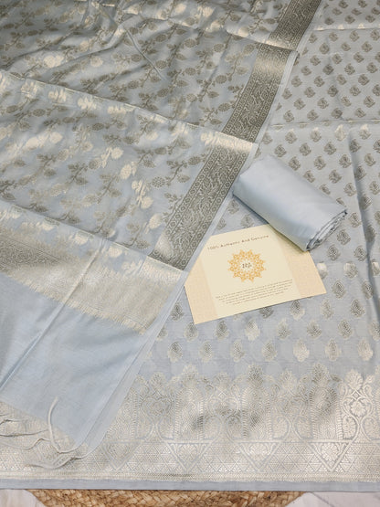 Light Grey zari resham silk banarasi suit