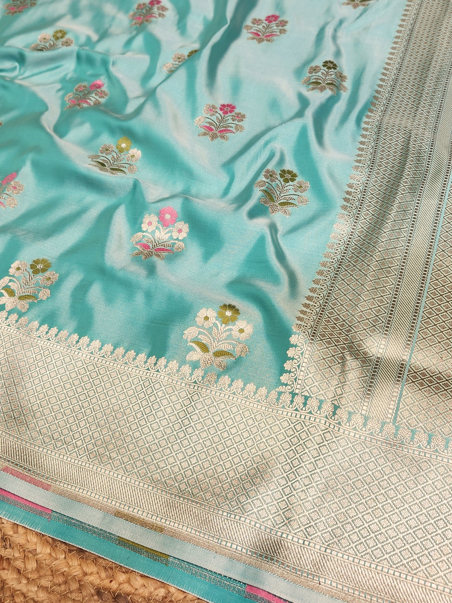 Sea Green Mashru Silk Banarasi Saree With Meena bootas