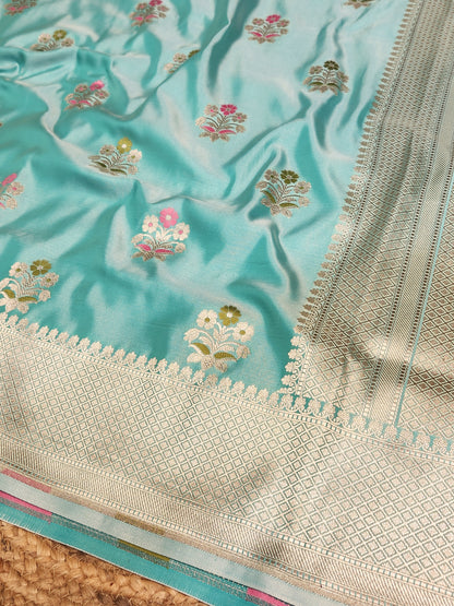 Sea Green Mashru Silk Banarasi Saree With Meena bootas