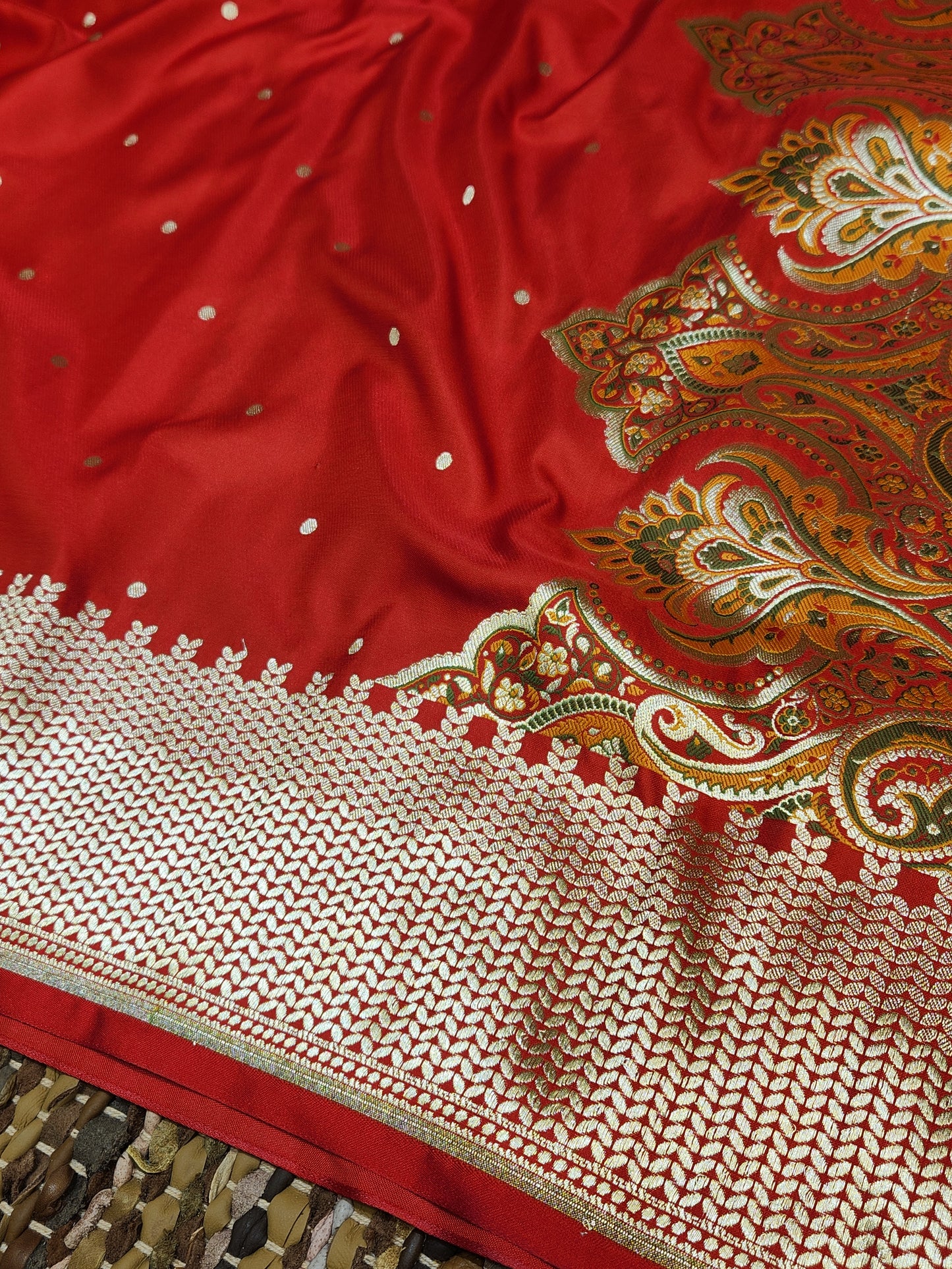 Red Kimkhab mashru silk saree with all over booti