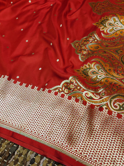 Red Kimkhab mashru silk saree with all over booti