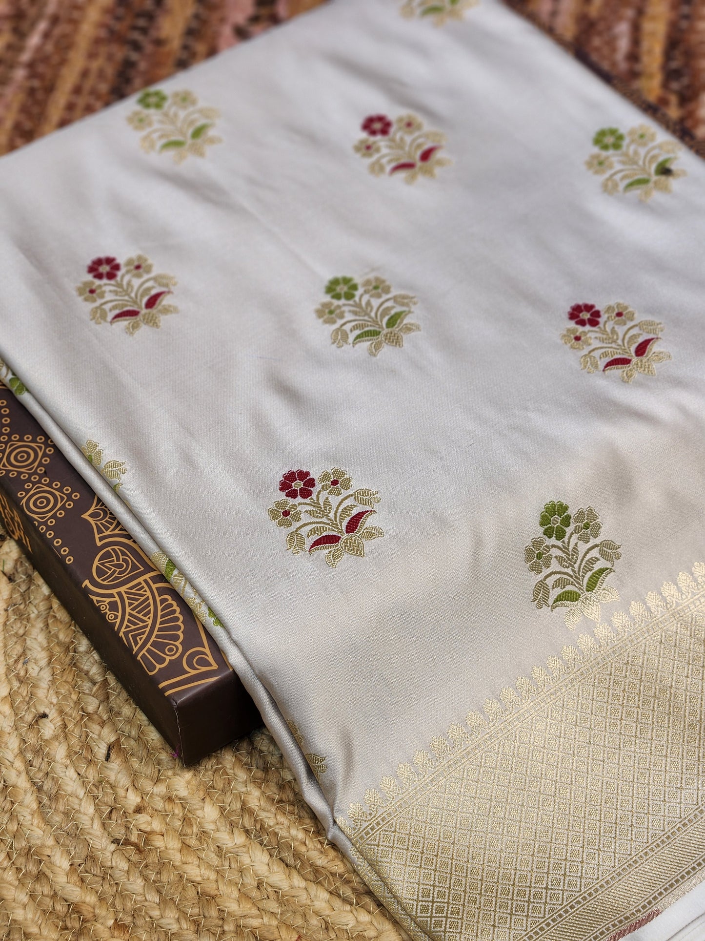 Ash Grey Banarasi Mashru Silk Banarasi Saree With Meena bootas