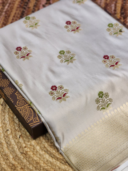 Ash Grey Banarasi Mashru Silk Banarasi Saree With Meena bootas