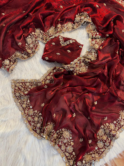 Maroon designer handwork Space Silk Saree