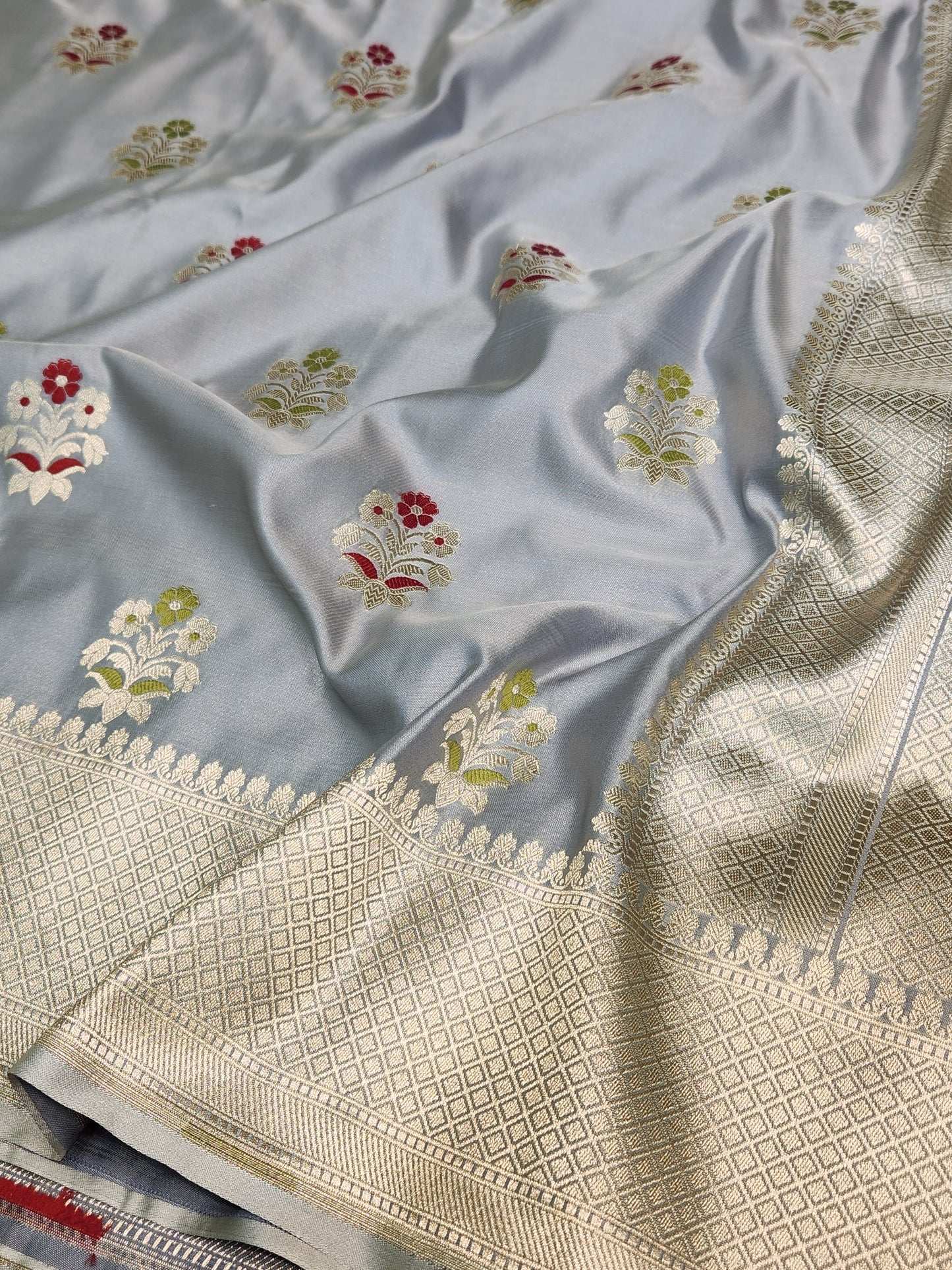 Grey banarasi Mashru Silk Banarasi Saree With Meena bootas