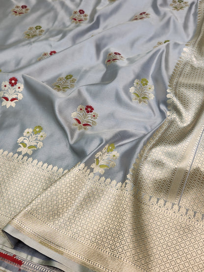 Grey banarasi Mashru Silk Banarasi Saree With Meena bootas