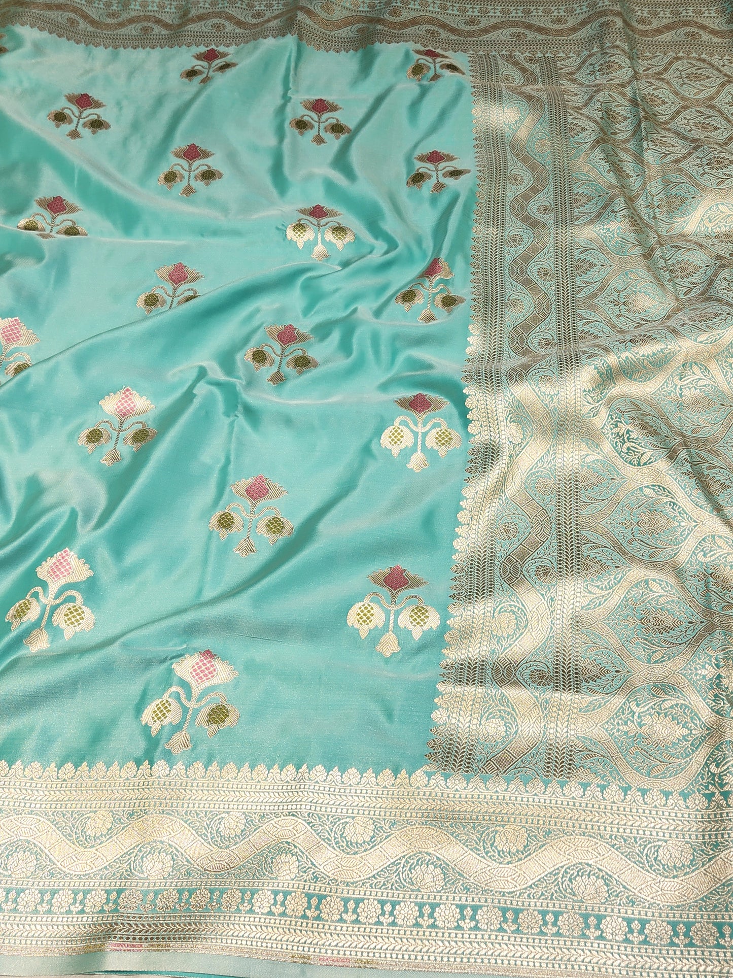 Sea Green Mashru Silk Banarasi Saree With Meena bootas